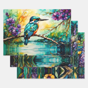 Kingfisher boven water en wilde bloemen inpakpapier vel