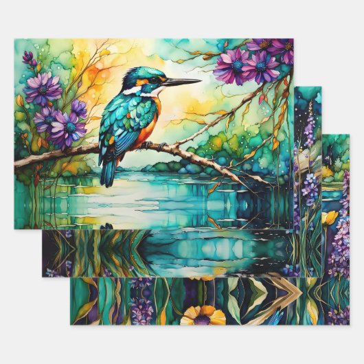 Kingfisher boven water en wilde bloemen inpakpapier vel (Set)