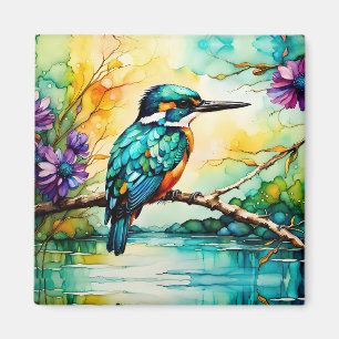 Kingfisher boven water en wilde bloemen magneet