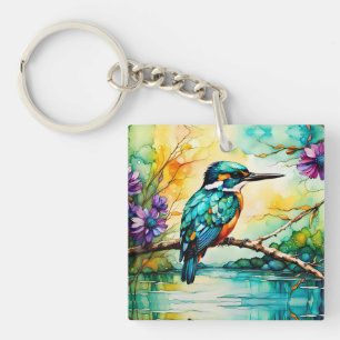 Kingfisher boven water en wilde bloemen sleutelhanger