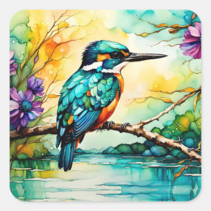 Kingfisher boven water en wilde bloemen vierkante sticker