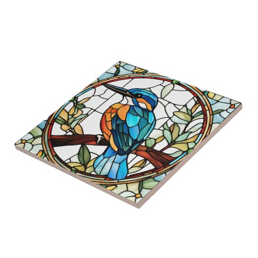 Kingfisher Glas in lood Sinaasappel Blauwe Vogel Tegeltje (Zijkant)