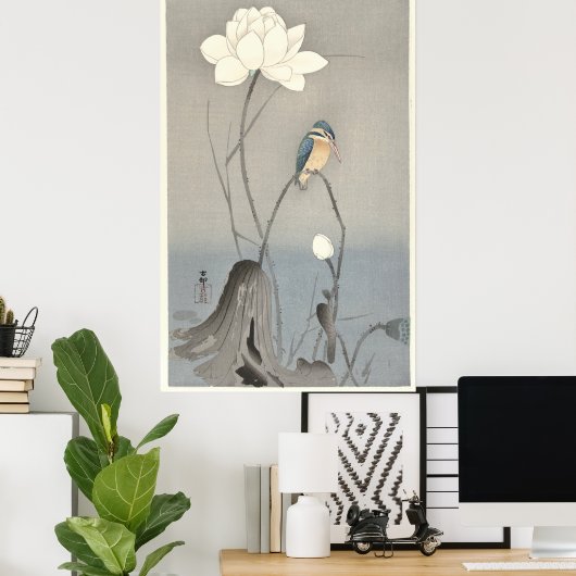 Kingfisher met Lotus Flower - Archiefdruk Poster (Thuiskantoor)