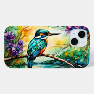 Kingfisher neergestreken over water Wilde bloemen iPhone 15 Case