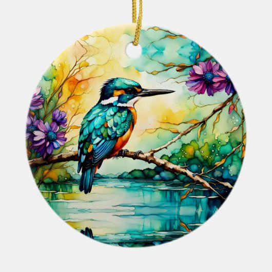 Kingfisher neergestreken over water Wilde bloemen Keramisch Ornament (Voorkant)