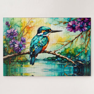 Kingfisher neergestreken over water Wilde bloemen Legpuzzel