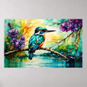 Kingfisher neergestreken over water Wilde bloemen Poster (Voorkant)