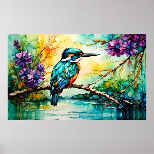 Kingfisher neergestreken over water Wilde bloemen Poster (Voorkant)