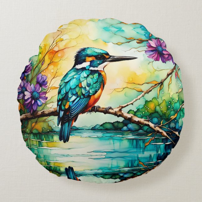 Kingfisher neergestreken over water Wilde bloemen Rond Kussen (Voorkant)