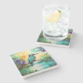 Kingfisher neergestreken over water Wilde bloemen Stenen Onderzetter (Zijkant)