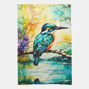 Kingfisher neergestreken over water Wilde bloemen Theedoek