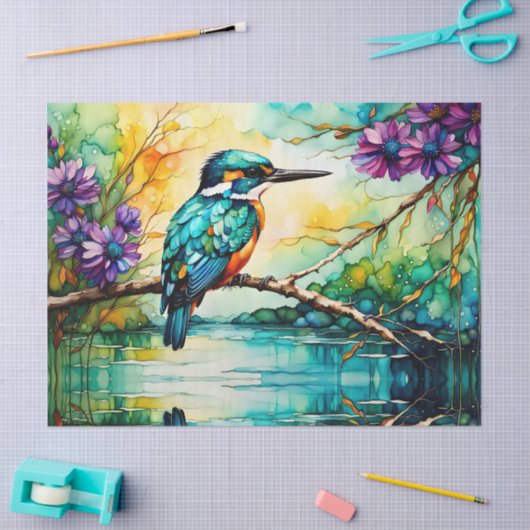 Kingfisher neergestreken over water Wilde bloemen Tissuepapier (Craft)