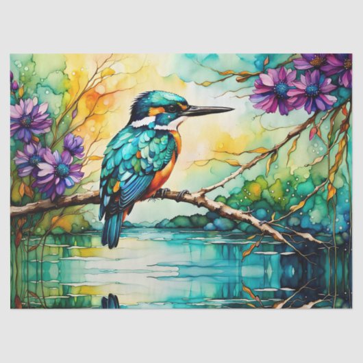 Kingfisher neergestreken over water Wilde bloemen Tissuepapier (Voorkant)
