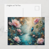 Kingfisher over water and pink roses briefkaart (Voorkant / Achterkant)