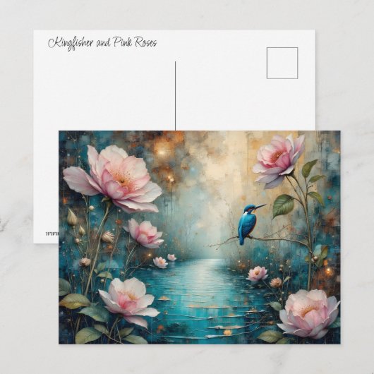 Kingfisher over water and pink roses briefkaart (Voorkant / Achterkant)
