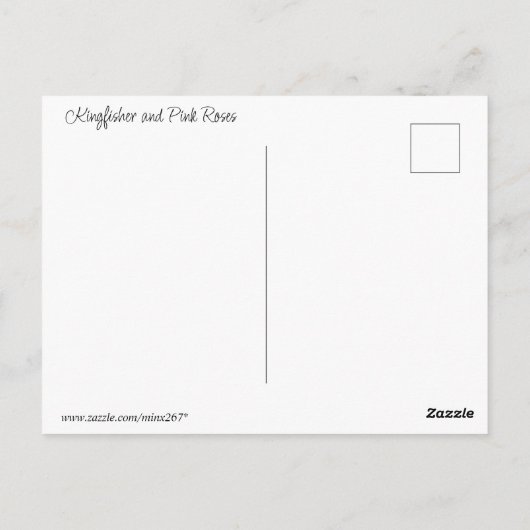Kingfisher over water and pink roses briefkaart (Achterkant)
