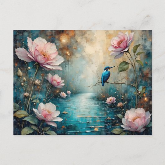 Kingfisher over water and pink roses briefkaart (Voorkant)