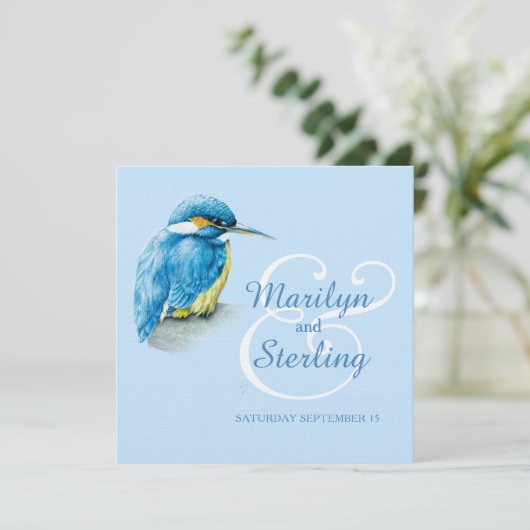 Kingfisher vogel blauw en wit vierkant bruiloft kaart (Staand voorkant)