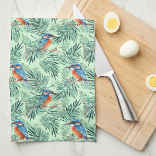 Kingfisher. Vogel en bladeren Theedoek (Quarter Fold)