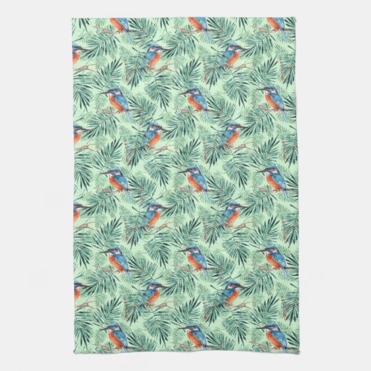 Kingfisher. Vogel en bladeren Theedoek (Verticaal)