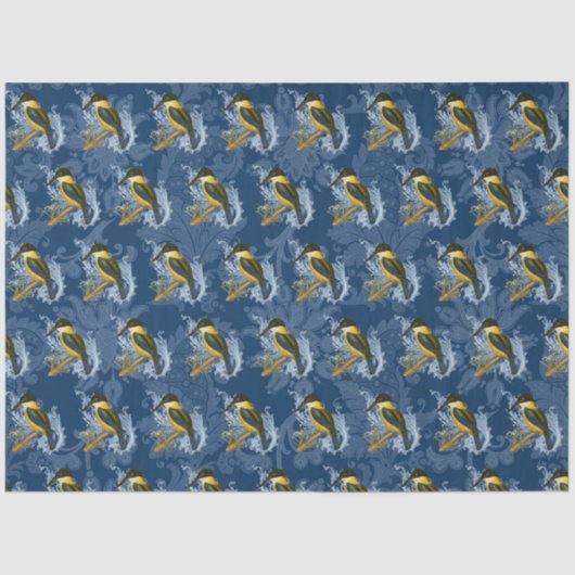 Kingfisher Vogel en  Blauw Damast Patroon Tissuepapier (Voorkant)