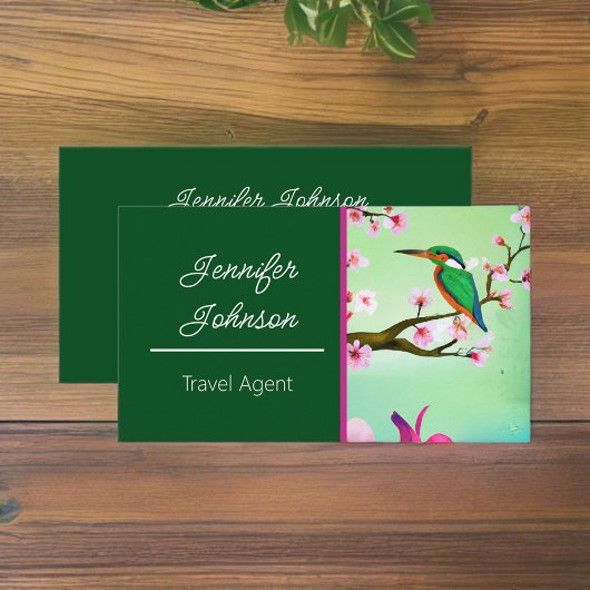Kingfisher Vogel in Sakura Cherry Tree Reisagent Visitekaartje