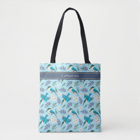 Kingfisher Vogels Bloemenmotief Blauw Naam Tas (Voorkant)