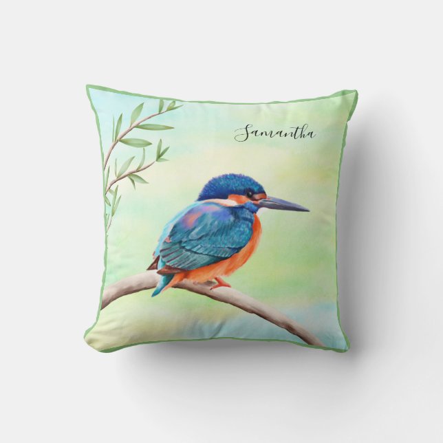 Kingfisher Waterverf Blue Oranje Bird Kussen (Voorkant)