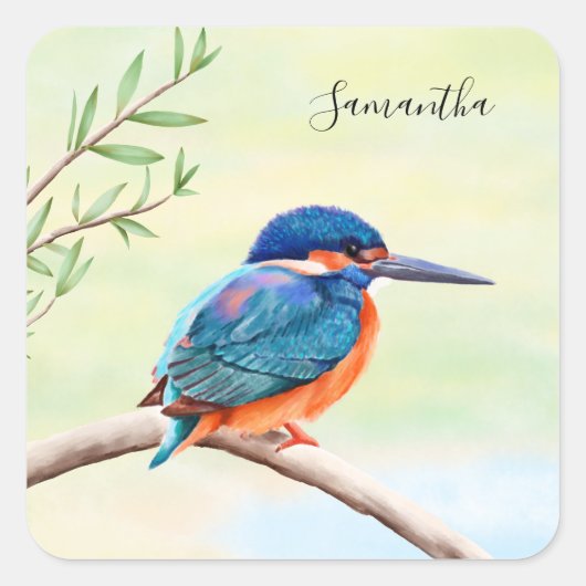 Kingfisher Waterverf Blue Oranje Bird Vierkante Sticker (Voorkant)