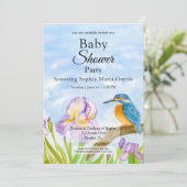  Kingfisher with Purple Irises Baby Shower Kaart (Staand voorkant)