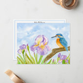 Kingfisher with Purple Irises Personalized Notitiekaartje (Voorkant / Achterkant in situ)