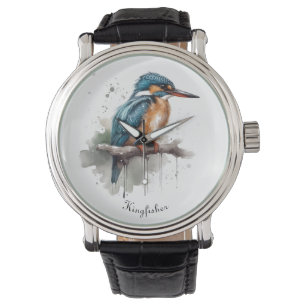 Kingfisher zit op een tak in waterkleur horloge
