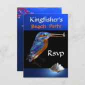 KINGFISHERS BEACH PARTIJ Rsvp, zwart, blauw RSVP Kaartje (Voorkant / Achterkant)