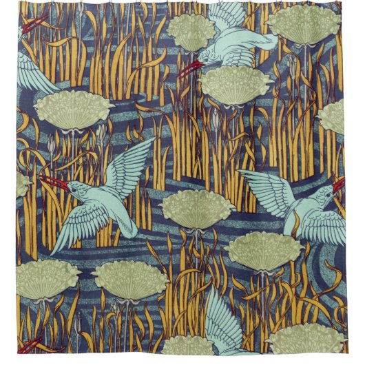 KINGFISHERS EN BLOEMENDE RUSH Art Nouveau Floral Douchegordijn (Voorkant)