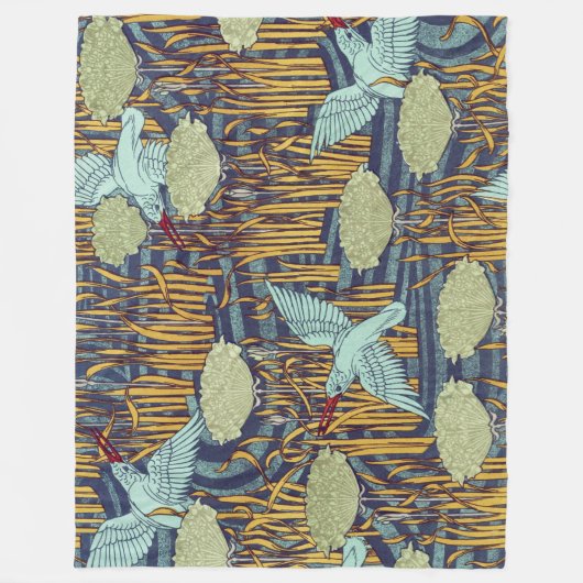 KINGFISHERS EN BLOEMENDE RUSH Art Nouveau Floral Fleece Deken (Voorkant)