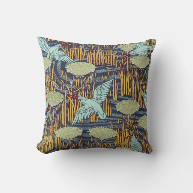 KINGFISHERS EN BLOEMENDE RUSH Art Nouveau Floral Kussen (Voorkant)