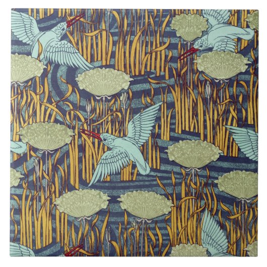KINGFISHERS EN BLOEMENDE RUSH Art Nouveau Floral Tegeltje (Voorkant)