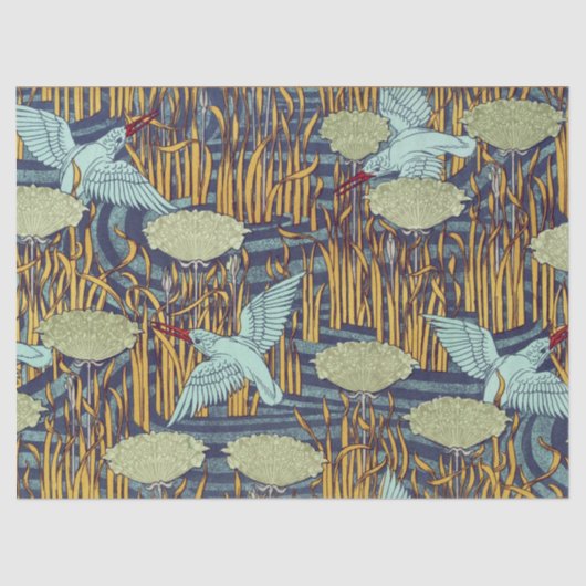KINGFISHERS EN BLOEMENDE RUSH Art Nouveau Floral Tissuepapier (Voorkant)