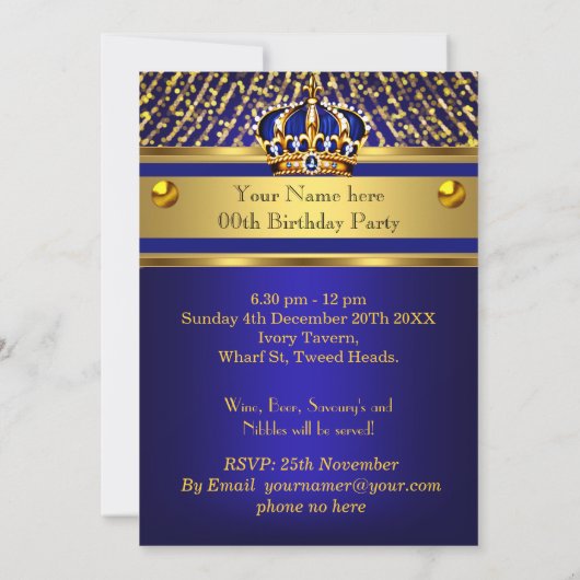 Kingl Blue Gold kroon mannen Birthday Party Kaart (Achterkant)