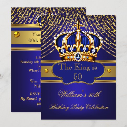 Kingl Blue Gold  kroon mannen Birthday Party Kaart (Voorkant / Achterkant)