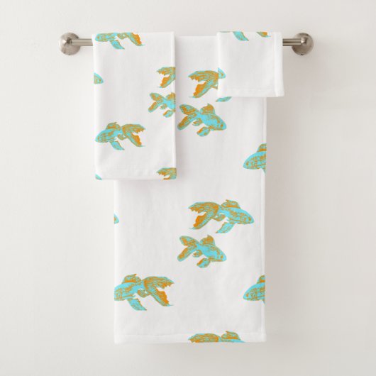 Kingyo Goldfish Blue en Oranje Bad Handdoek (Insitu)