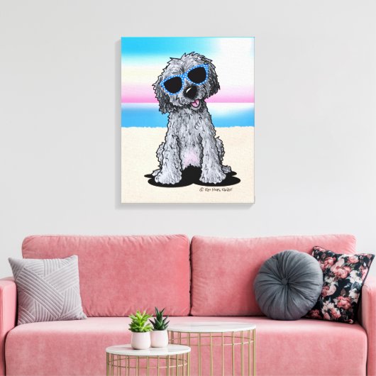 KiniArt Black Doodle Dog Beach Canvas Afdruk (Insitu (Woonkamer))