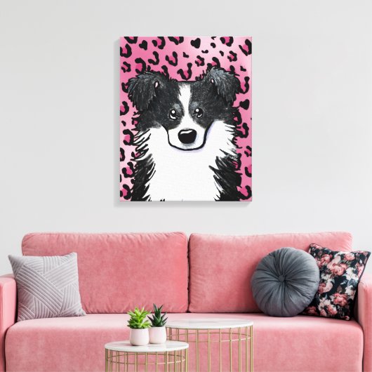 KiniArt Border Collie Pink Leopard Canvas Afdruk (Insitu (Woonkamer))