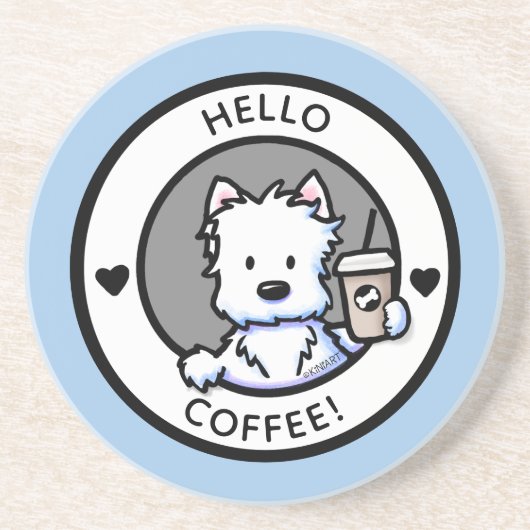 KiniArt Coffee Westie Round Zandsteen Onderzetter (Voorkant)