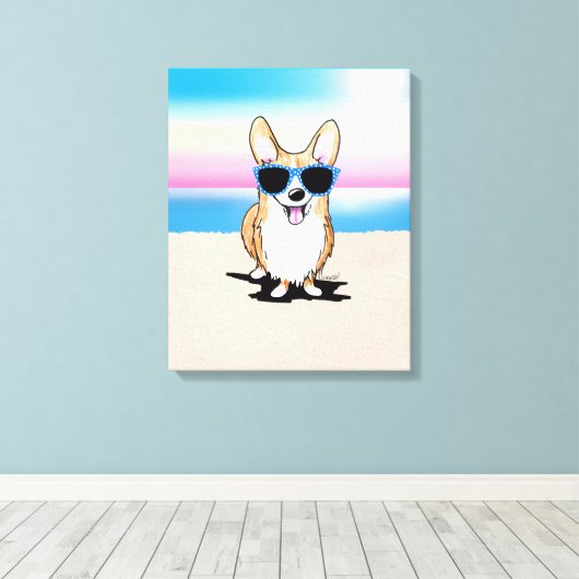 KiniArt Corgi Dog Beach Canvas Afdrukken (Insitu (Houten vloer))