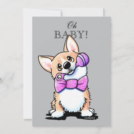 KiniArt Corgi Roze en Grijs Uitnodigingen (Voorkant)