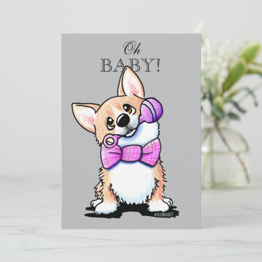 KiniArt Corgi Roze en Grijs Uitnodigingen (Staand voorkant)