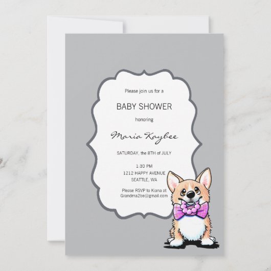 KiniArt Corgi Roze en Grijs Uitnodigingen (Achterkant)