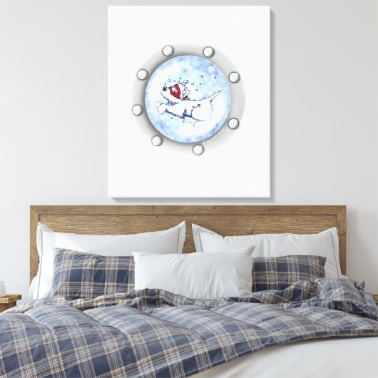 KiniArt Diving Westie Terrier Porthole Canvas Afdruk (Insitu (Slaapkamer))