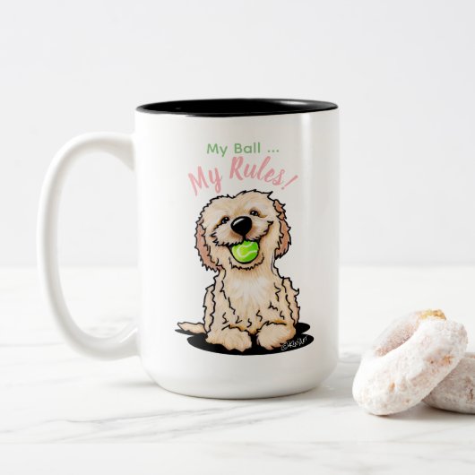 KiniArt Doodle Dog MY BALL Tweekleurige Koffiemok (Met donut)